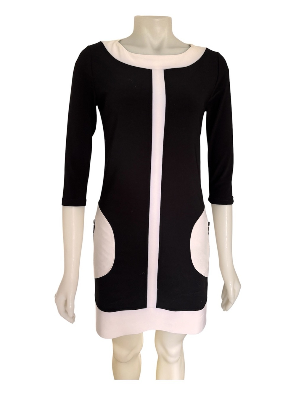Joseph Ribkoff Colourblock Dress 4 Black White Mod 3/4 Sleeve Shift